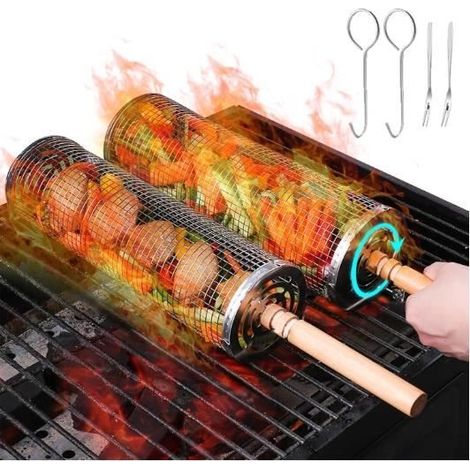 Rollbares Set Aus 2 Grillkörben Für Den Außenbereich, Zum Servieren Von Gemüse, Pommes Frites, Fleisch, Fisch Und Garnelen