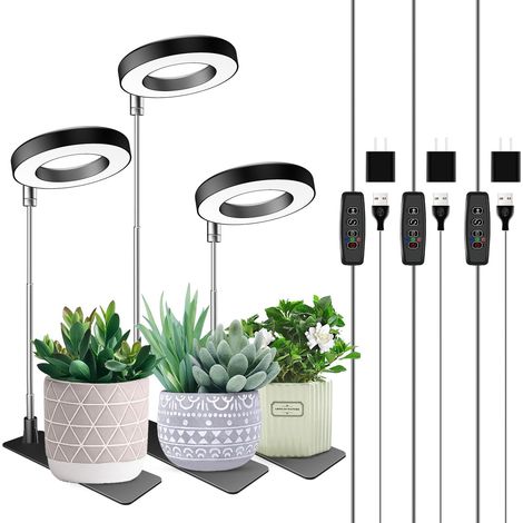 Schwarze Pflanzenwachstumslampe Mit Teleskopstange 16-65 Cm, 3 Lampen, Mit Sockel, Netzteil, Warmweißem Licht Und Timerfunktion.