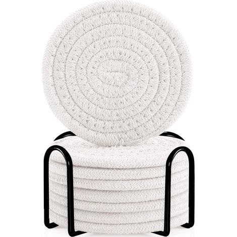 Set Aus 8 Runden, Weißen Untersetzern Aus Baumwolle Im Boho-stil Für Den Esstisch, Dickem Isolierkissen, Rundem Teeset (mit Ständer).