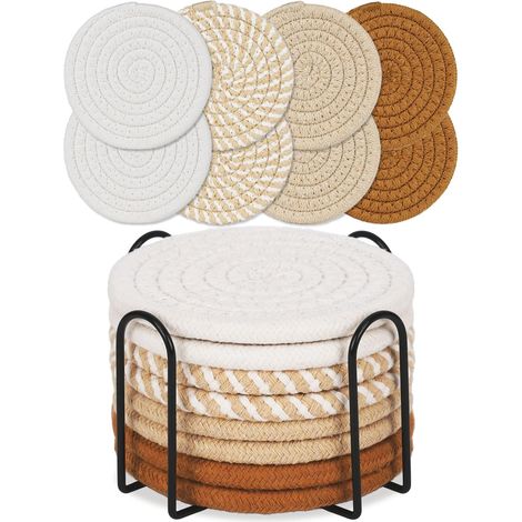 Set Aus 8 Runden, Khakifarbenen Untersetzern Aus Baumwolle Im Boho-stil Für Den Esstisch, Dickem Isolierkissen, Rundem Teeset (mit Ständer), Teilen