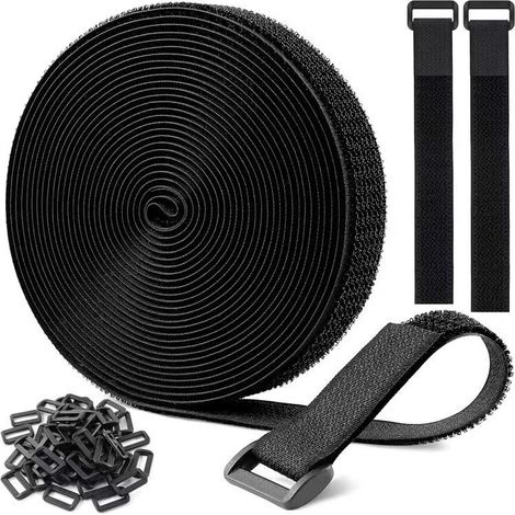 Schwarzer Klettverschlussriemen, 2 Cm Breit, 5 Meter Lang, Mit 25 Selbstklebenden Kunststoffschlaufen Zur Befestigung Des Riemens.