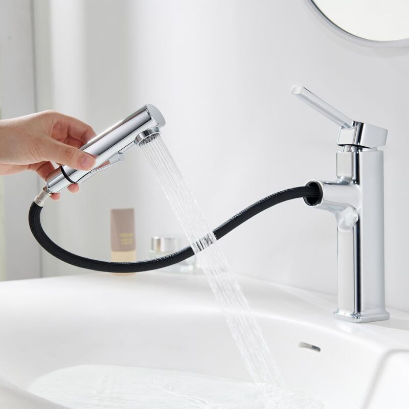 Badarmatur Mit Ausziehbarer Brause, Waschtischarmatur Mit 2 Strahlarten, Edelstahl-handwaschtischarmatur, Verchromte Waschtischarmatur, Regulierbares Warm- Und Kaltwasser (verchromt)