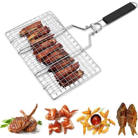 Grillkorb, Tragbarer Grillkorb Aus Edelstahl, Faltbar Mit Abnehmbarem Griff Für Steaks, Garnelen, Fleisch, Fisch Und Geröstetes Gemüse, 33,5 X 22 Cm, L
