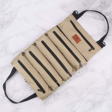 Enowelir Roll-up Werkzeugtasche Aus Canvas Mit 5 Reißverschlusstaschen, Vielseitig, Khakifarben