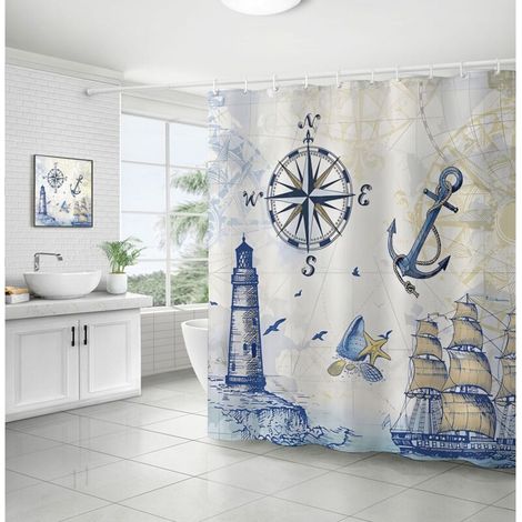 Maritimer Duschvorhang Mit Leuchtturm, Segelboot, Kompass Und Anker, 180 X 180 Cm, Polyestergewebe, Schimmelresistent, Wasserdicht, Waschbar