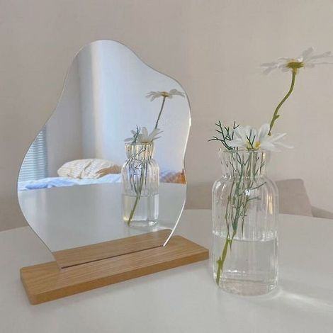 Rahmenloser Acryl-schminkspiegel, Dekorativer Schminktischspiegel, Unregelmäßige Form Mit Holzsockel Für Schlafzimmer, Wohnzimmer Und Minimalistische Räume