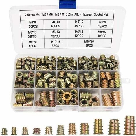 Enowelir 230 Stück M4 M5 M6 M8 M10 Sechskantmuttern Mit Gewindeeinsätzen Aus Zinklegierung Für Holzmöbel, Aufbewahrungsbox Aus Kunststoff