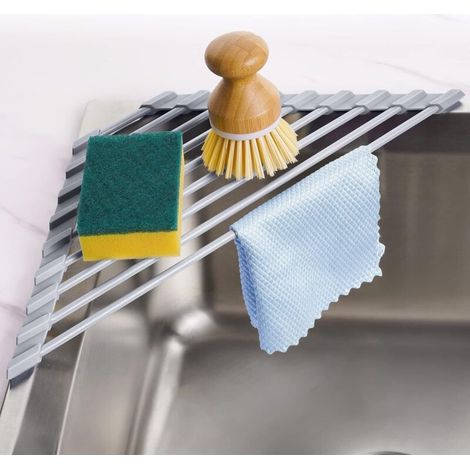 Enowelir Rollbarer Dreieckiger Geschirrabtropfer Mit Silikonbeschichtung Für Die Spülbeckenecke, Kleiner Multifunktionaler Faltbarer Küchenabtropfer Aus Edelstahl Zum Wassersparen (grau)