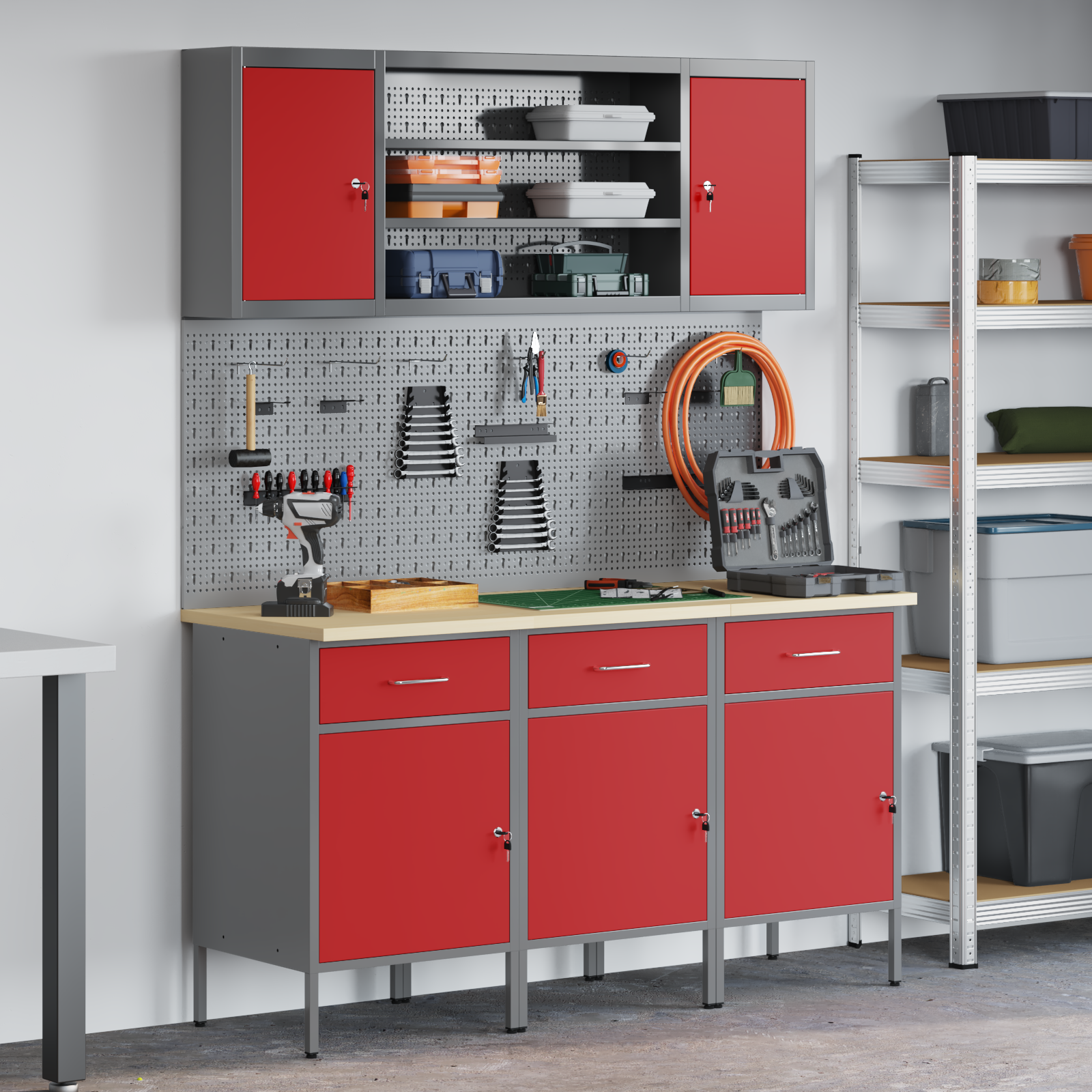 Werkbank Mit Schubladen 7 Pcs Rot 150 X 55 X 200 Cm Stahl Vidaxl