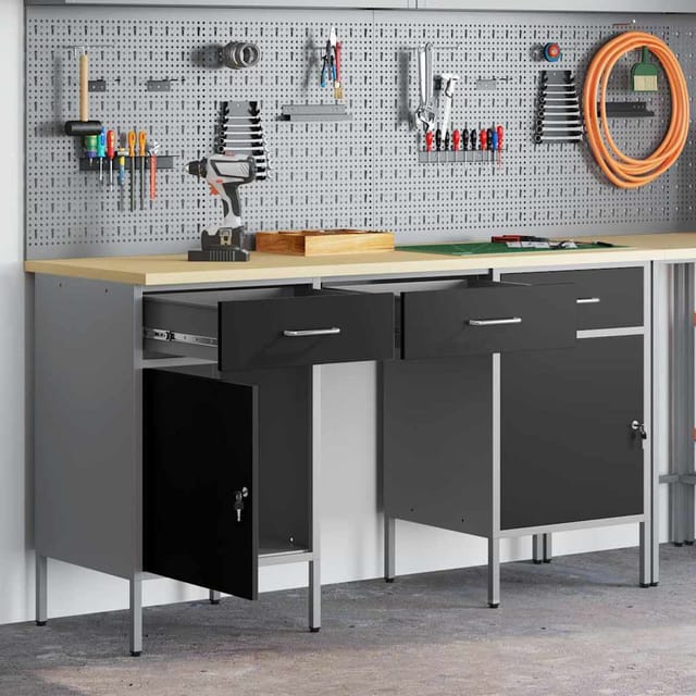 Vidaxl Werkbank Mit Schubladen 3 Pcs Schwarz 150 X 55 X 85 Cm