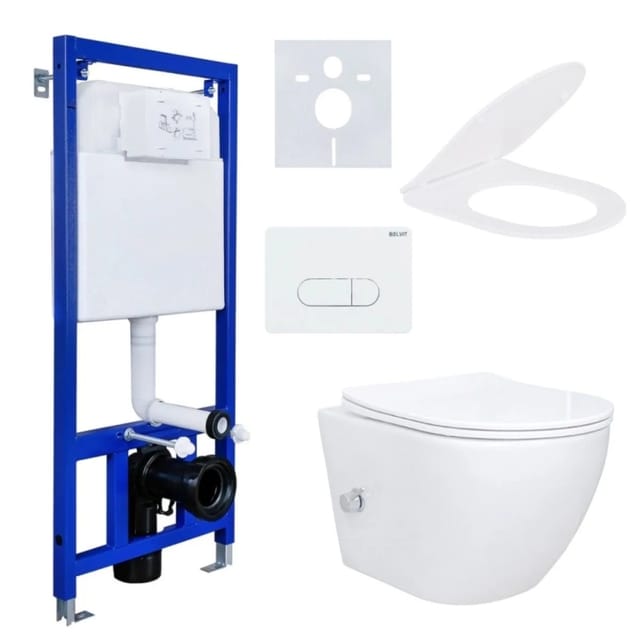 Belvit Spülrandloses Wand-WC Dusch-WC Komplettset mit Bidet Taharet Kalt/-Warmwasserarmatur Vorwandelement Betätigungsplatte Schallschutz