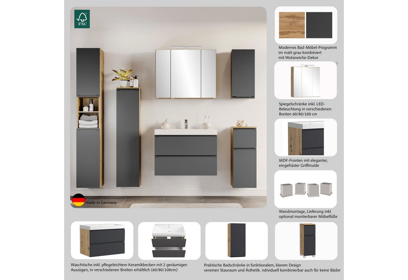 welltime Waschtisch CABO, Waschtisch, matt grau, griffloses Design Bild 5