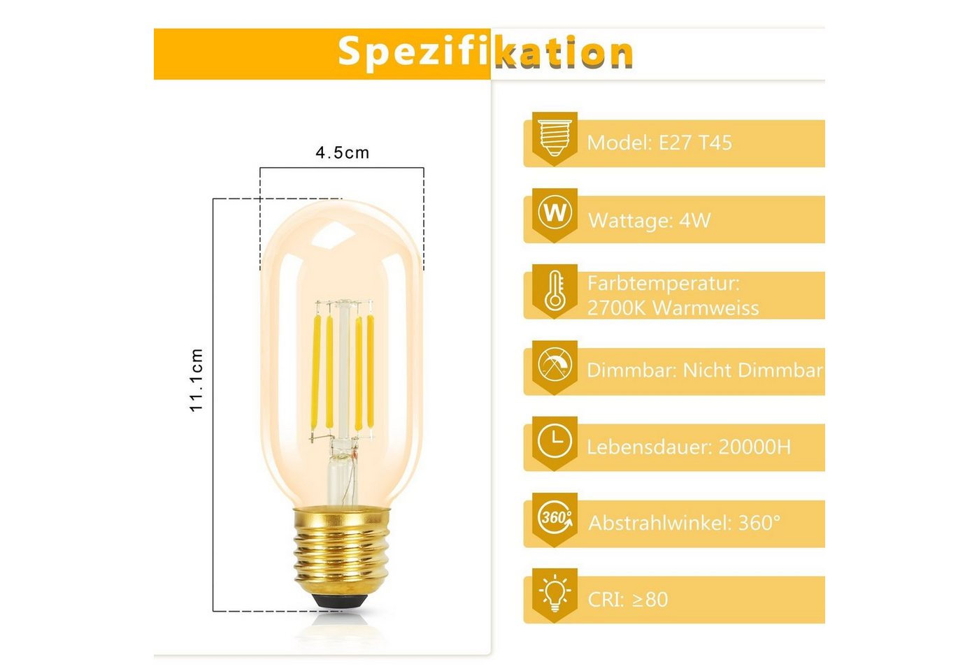 ZMH LED-Leuchtmittel LED Glühbirnen Vintage Lampe Birnen 4W Energiesparlampe, E27, 2 St., 2700k, nicht dimmbar Bild 2