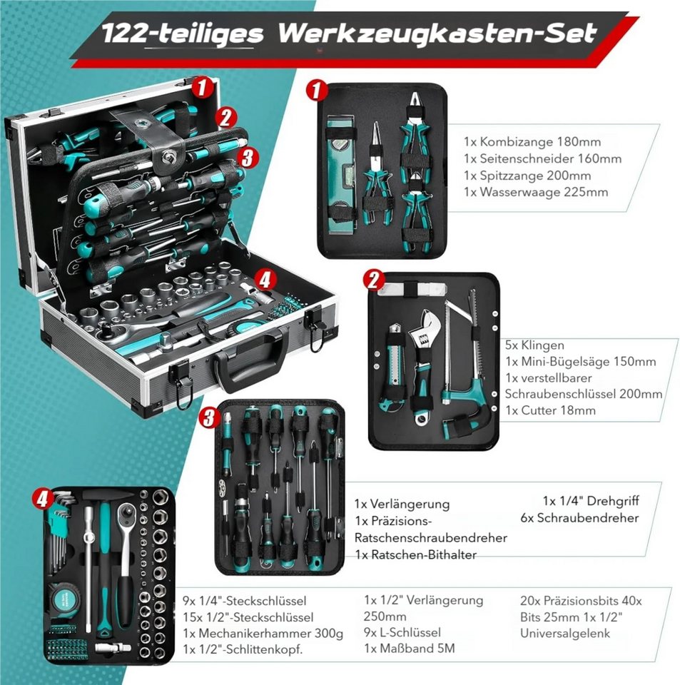 TLGREEN Werkzeugkoffer aus Aluminium,122-tlg Werkzeug Set Werkzeugkasten (Haushalts-Werkzeugkasten mit Ratsche, Steckschlüsseln), Schraubendrehern, Zangen und Hammer Bild 2