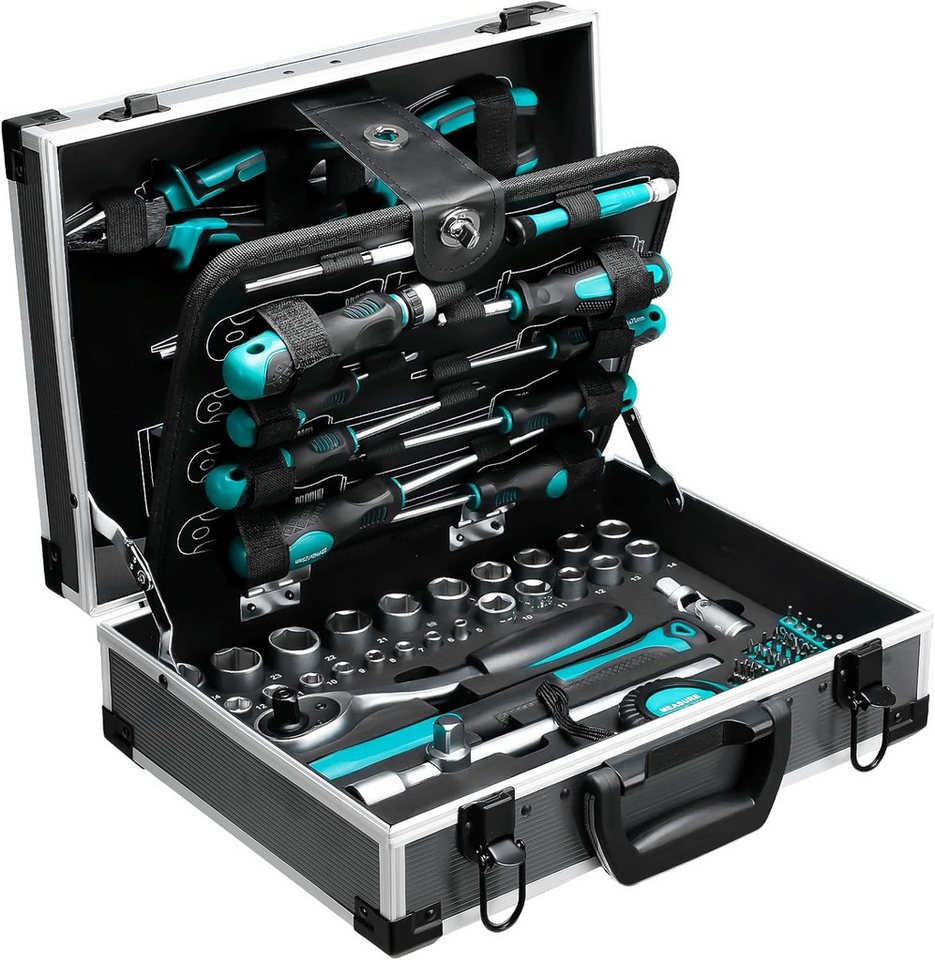 TLGREEN Werkzeugkoffer aus Aluminium,122-tlg Werkzeug Set Werkzeugkasten (Haushalts-Werkzeugkasten mit Ratsche, Steckschlüsseln), Schraubendrehern, Zangen und Hammer Bild 4