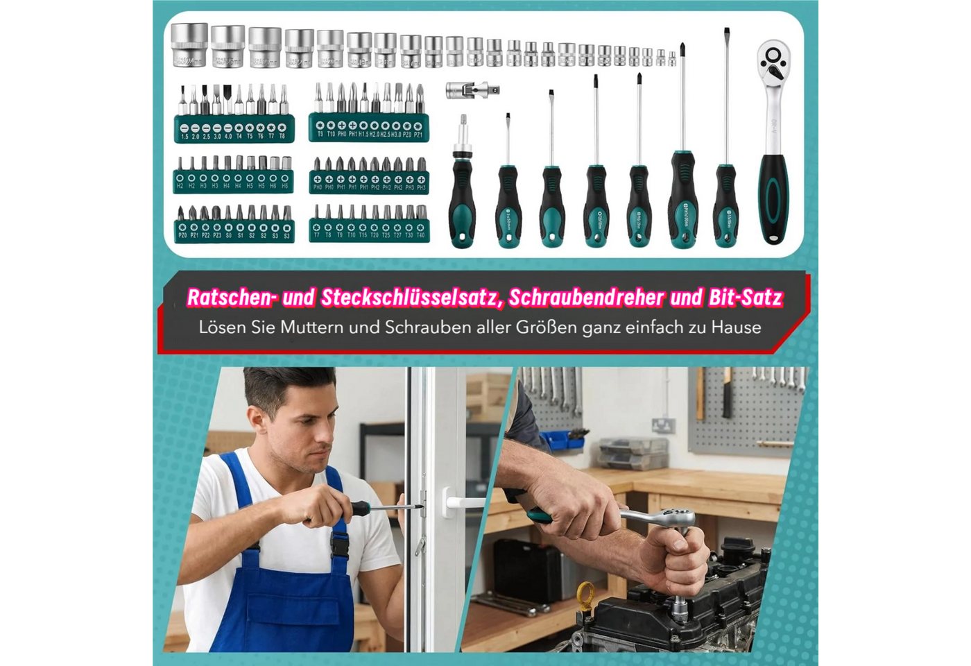 TLGREEN Werkzeugkoffer aus Aluminium,122-tlg Werkzeug Set Werkzeugkasten (Haushalts-Werkzeugkasten mit Ratsche, Steckschlüsseln), Schraubendrehern, Zangen und Hammer Bild 5