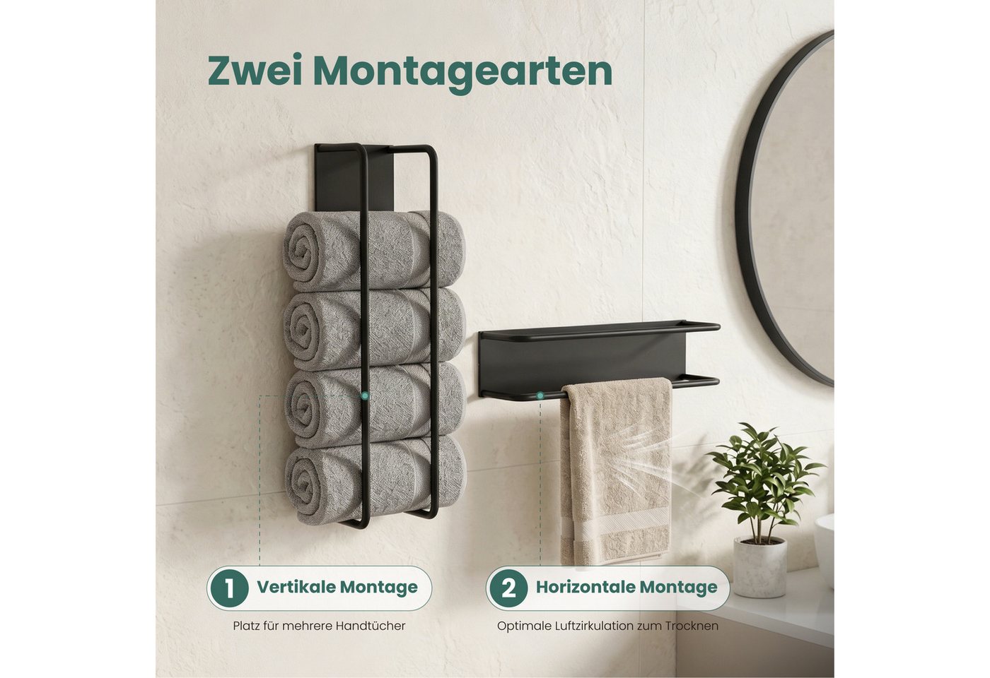 Mai & Mai Handtuchhalter Selbstklebende Handtuchstange ohne Bohren 40 cm matt schwarz Tavrin-03, Vertikale Montage oder Horizontale Montage Bild 5