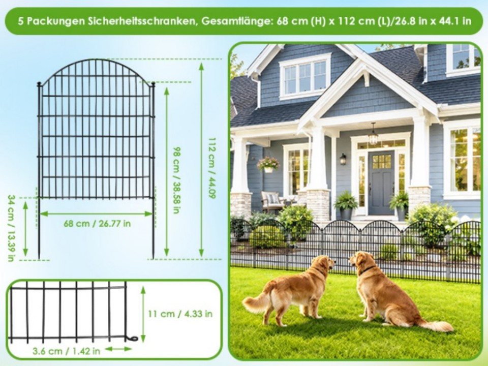 BlingBin Gartenzaun Metall Beetzaun, 5 Paneele H 112x68 cm, Gesamtlänge 3,5 m, (10er Set, 10-St., Zaunelement: ca. 68 × 78 cm Steckpfosten: ca. 98 cm Länge), Beeteinfassung zum Einstecken, Schutzzaun für Blumenbeet & Hunde Bild 3