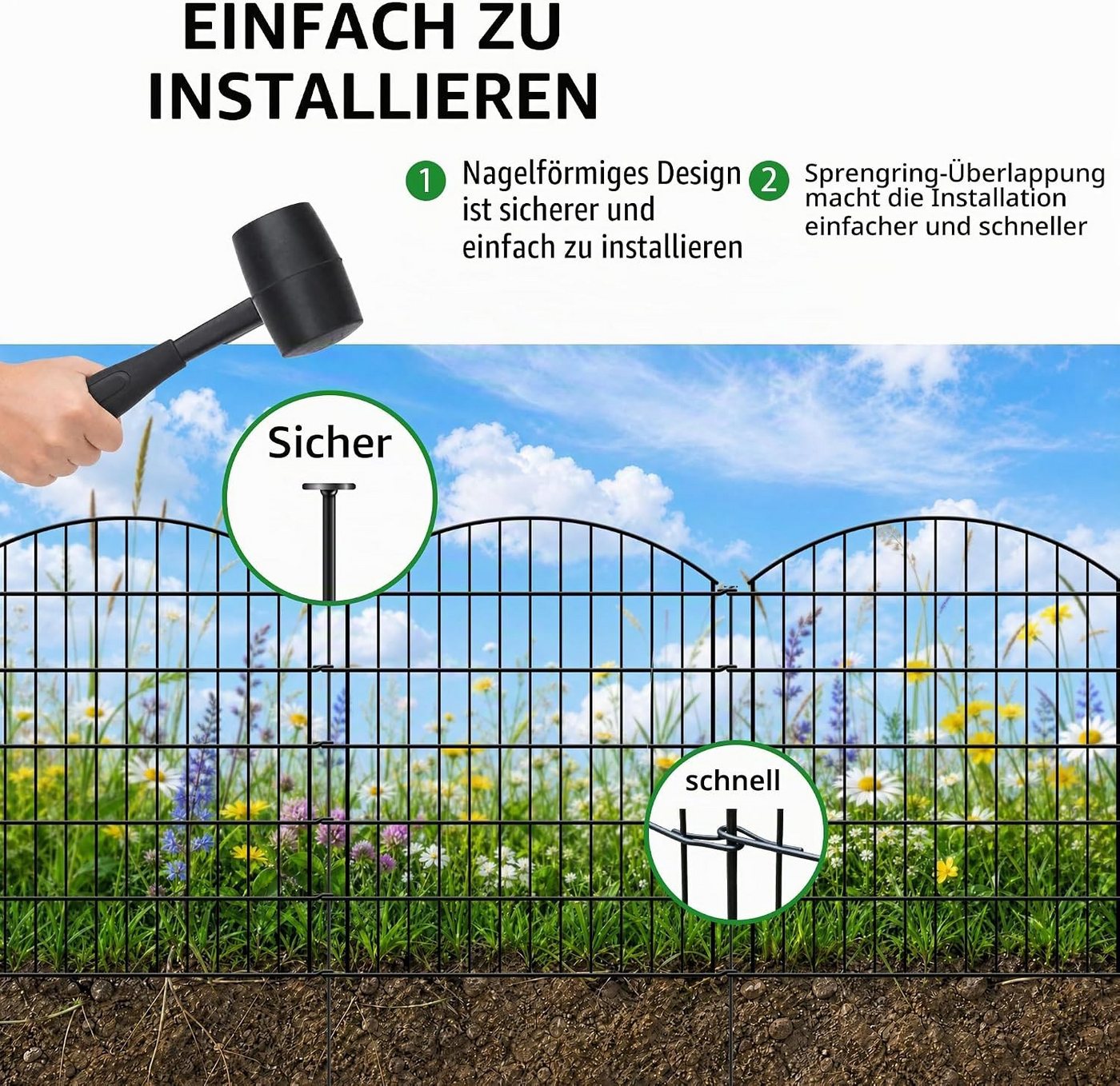 BlingBin Gartenzaun Metall Beetzaun, 5 Paneele H 112x68 cm, Gesamtlänge 3,5 m, (10er Set, 10-St., Zaunelement: ca. 68 × 78 cm Steckpfosten: ca. 98 cm Länge), Beeteinfassung zum Einstecken, Schutzzaun für Blumenbeet & Hunde Bild 4