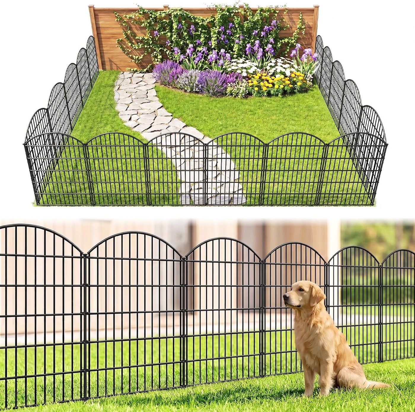 BlingBin Gartenzaun Metall Beetzaun, 5 Paneele H 112x68 cm, Gesamtlänge 3,5 m, (10er Set, 10-St., Zaunelement: ca. 68 × 78 cm Steckpfosten: ca. 98 cm Länge), Beeteinfassung zum Einstecken, Schutzzaun für Blumenbeet & Hunde Bild 5