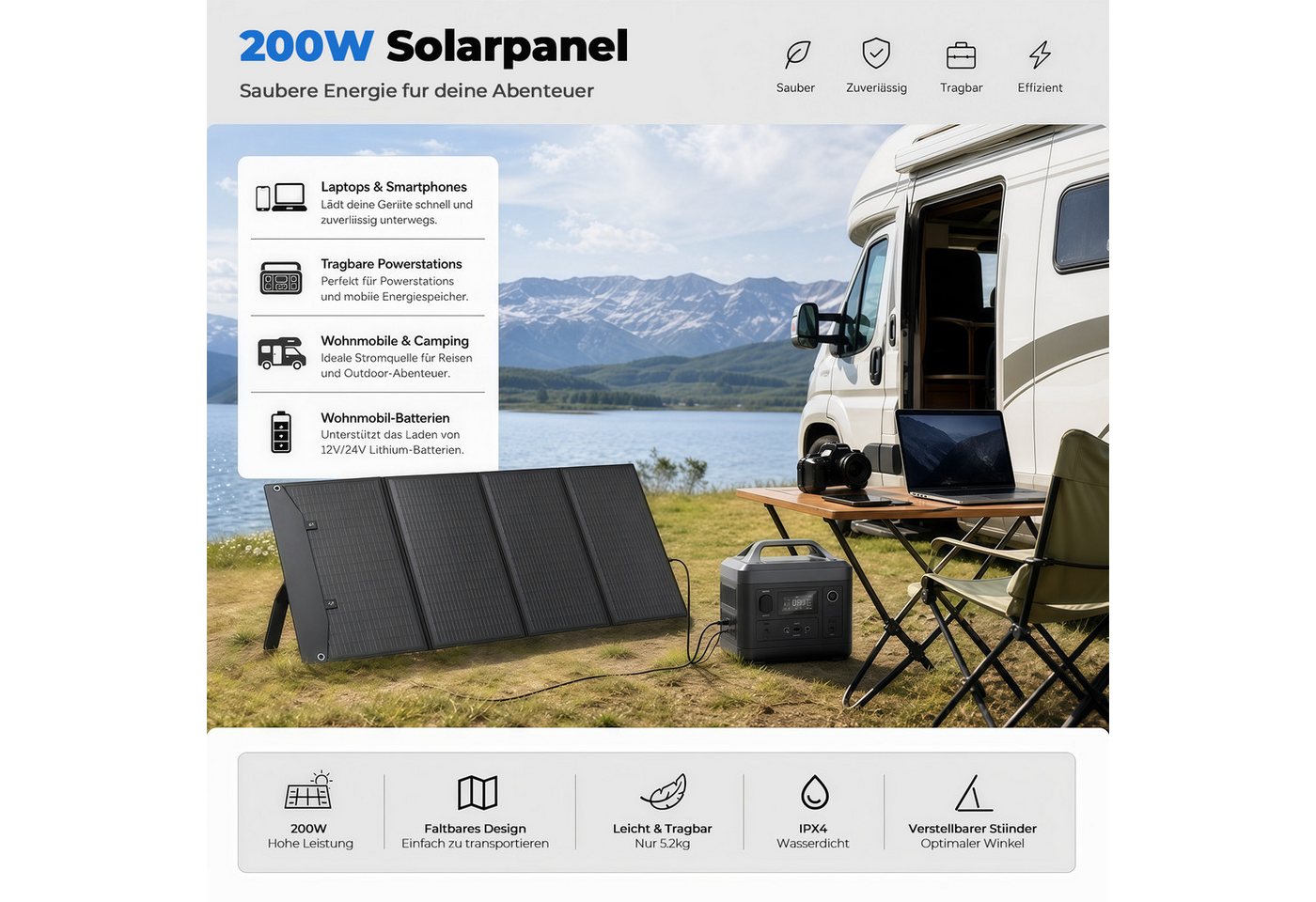 Rhein Beleuchtung Solarmodul Faltbares Solarpanel 200W 18V mit 4-in-1 Ladekabel, 200 W, Monokristallines Silizium, (Set, 1-St., Für Powerstation, Wohnmobil, Camping, Offgrid & Notstrom), Monokristallin, IPX4, faltbar, hohe Effizienz, tragbar