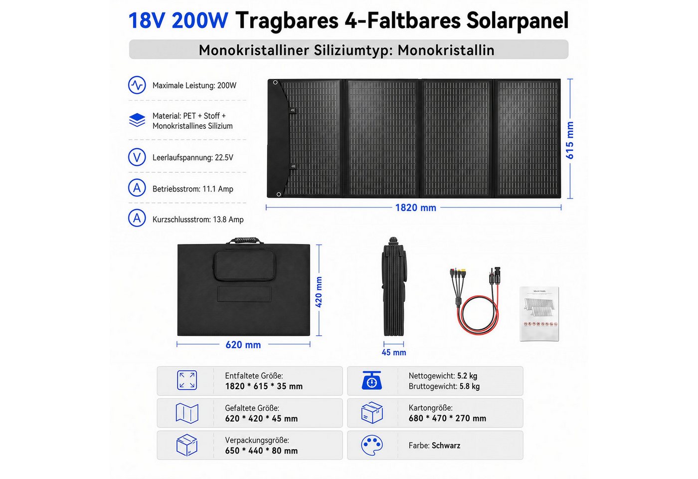 Rhein Beleuchtung Solarmodul Faltbares Solarpanel 200W 18V mit 4-in-1 Ladekabel, 200 W, Monokristallines Silizium, (Set, 1-St., Für Powerstation, Wohnmobil, Camping, Offgrid & Notstrom), Monokristallin, IPX4, faltbar, hohe Effizienz, tragbar Bild 3