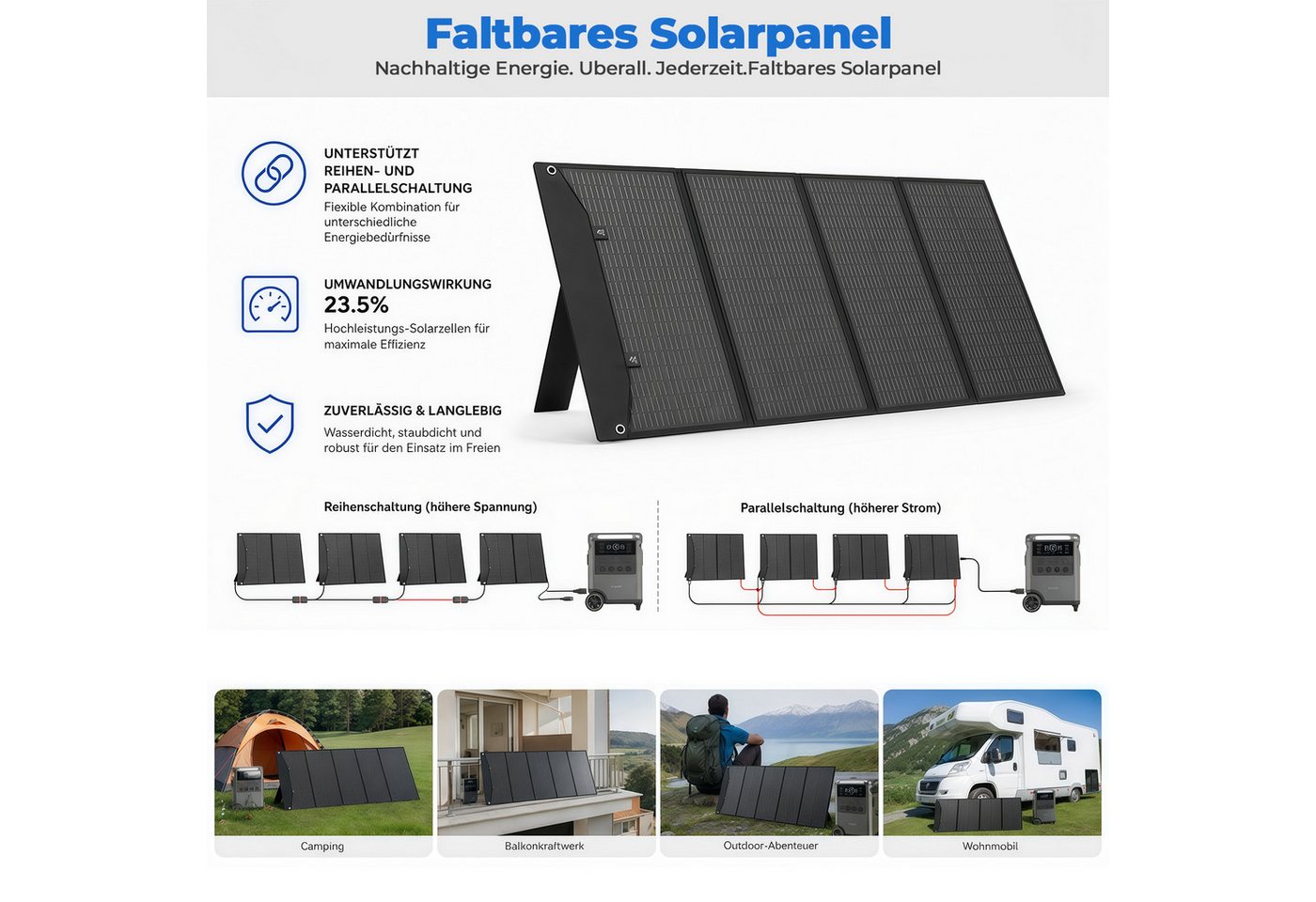 Rhein Beleuchtung Solarmodul Faltbares Solarpanel 200W 18V mit 4-in-1 Ladekabel, 200 W, Monokristallines Silizium, (Set, 1-St., Für Powerstation, Wohnmobil, Camping, Offgrid & Notstrom), Monokristallin, IPX4, faltbar, hohe Effizienz, tragbar Bild 4