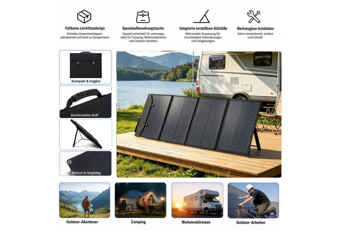 Rhein Beleuchtung Solarmodul Faltbares Solarpanel 200W 18V mit 4-in-1 Ladekabel, 200 W, Monokristallines Silizium, (Set, 1-St., Für Powerstation, Wohnmobil, Camping, Offgrid & Notstrom), Monokristallin, IPX4, faltbar, hohe Effizienz, tragbar Bild 5