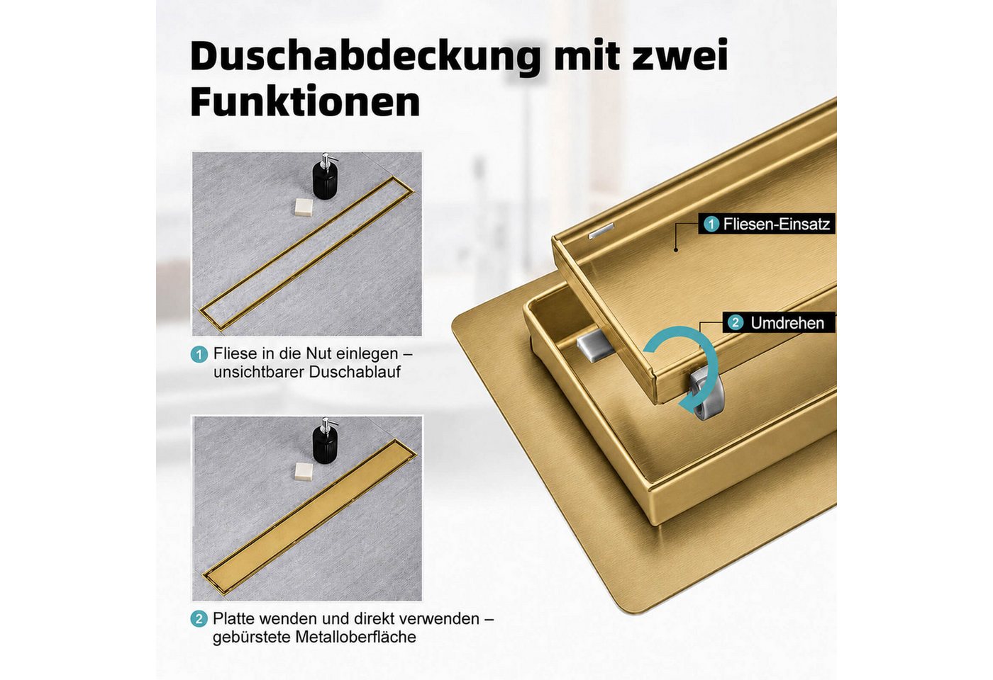 SaniteModar Duschrinne Gold, befliestbar & extra flach, Edelstahl Bodenablauf, 1-St., 2-in-1 wendbare Duschrinne, 60 cm Bild 2