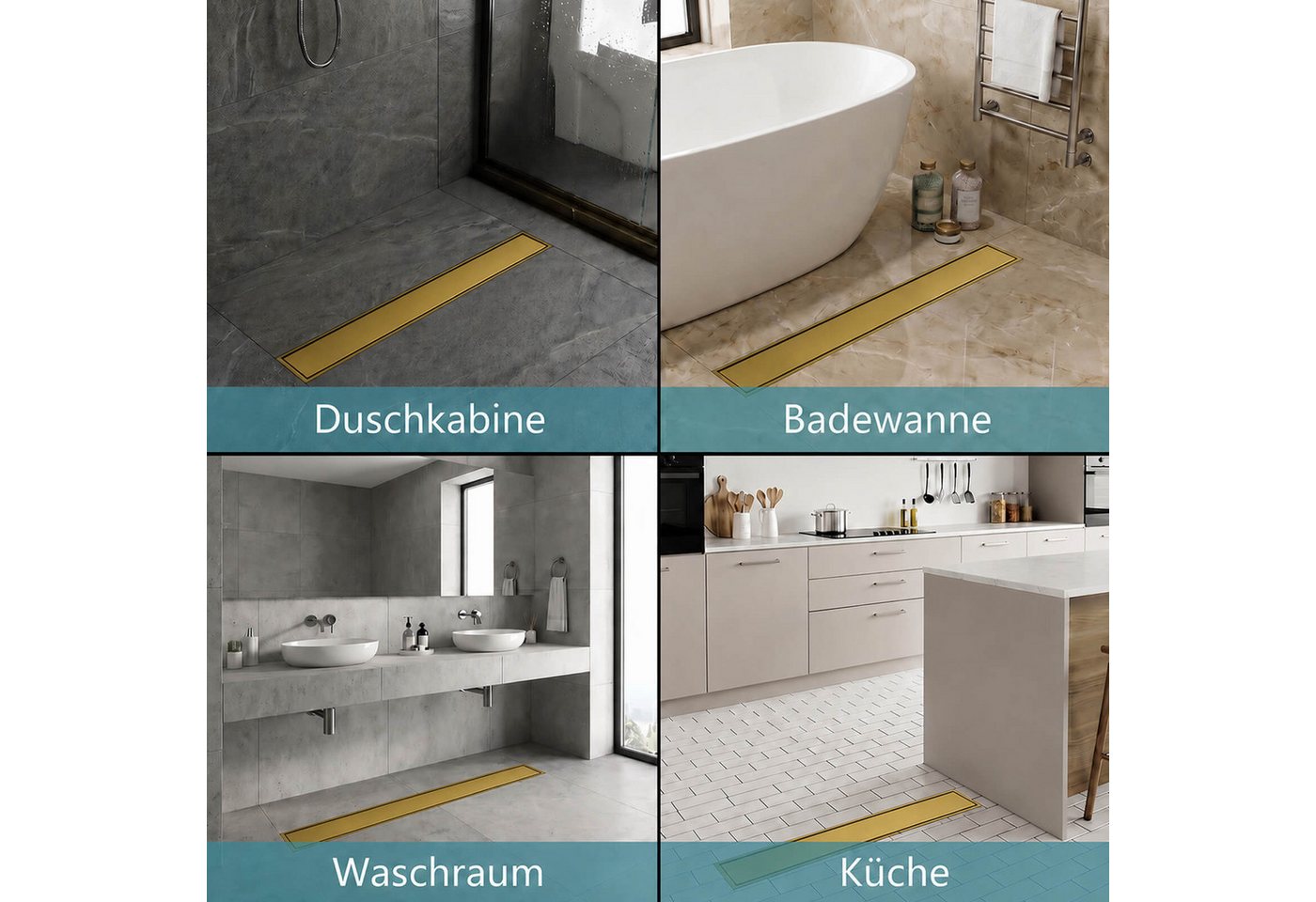SaniteModar Duschrinne Gold, befliestbar & extra flach, Edelstahl Bodenablauf, 1-St., 2-in-1 wendbare Duschrinne, 60 cm Bild 3