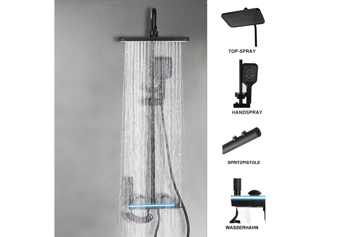 oyajia Duschsystem Duscharmatur Set Warm & Kalt mit Klaviertaste, 4 Wasserausläufe, 4 Strahlart(en), Klaviertasten-Wasserauslauf mit vier, 29 x 19 cm Regendusche, Temperaturanzeige und Klaviertasten Bild 5