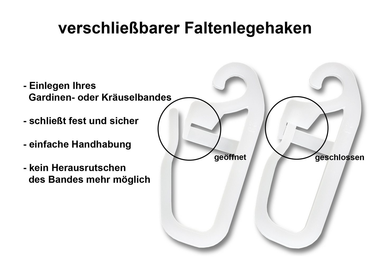 dekondo Gardinenhaken Faltenhaken, Faltenlegehaken, Überklipshaken, zur Befestigung Ihrer Gardinen an Ringen oder Ösen mit max. 3 mm Durchmesser, (100-St), mit verschließbarem Faltenlegehaken Bild 3