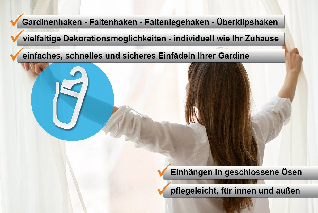 dekondo Gardinenhaken Faltenhaken, Faltenlegehaken, Überklipshaken, zur Befestigung Ihrer Gardinen an Ringen oder Ösen mit max. 3 mm Durchmesser, (100-St), mit verschließbarem Faltenlegehaken Bild 4