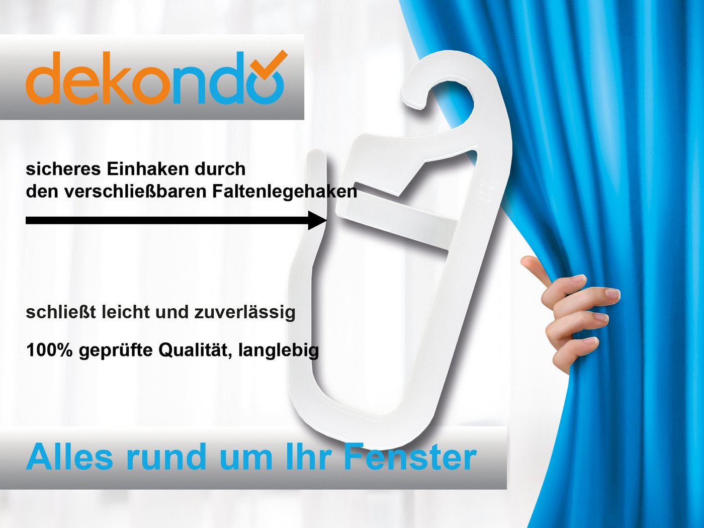 dekondo Gardinenhaken Faltenhaken, Faltenlegehaken, Überklipshaken, zur Befestigung Ihrer Gardinen an Ringen oder Ösen mit max. 3 mm Durchmesser, (100-St), mit verschließbarem Faltenlegehaken Bild 5