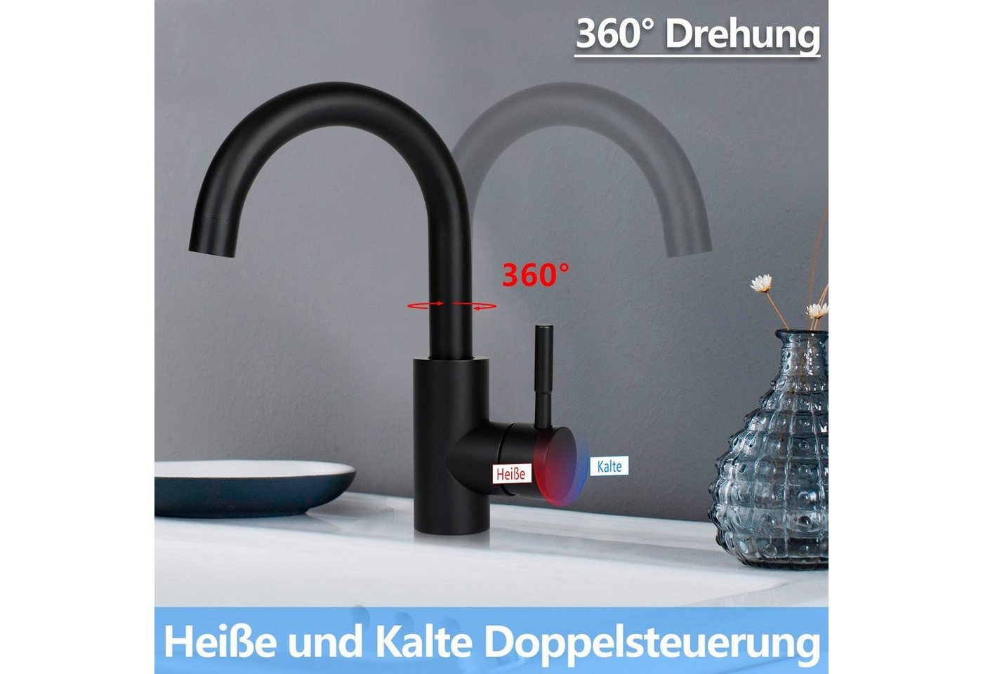 ZMH Waschtischarmatur Hochdruck Edelstahl 360° drehbar mit Warm-/Kaltwasser fürs Badezimmer (Mischbatterie Badarmatur) Einhebelmishcer, Edelstahl, G3/8-Anschluss, Einhebelmischer Bild 2