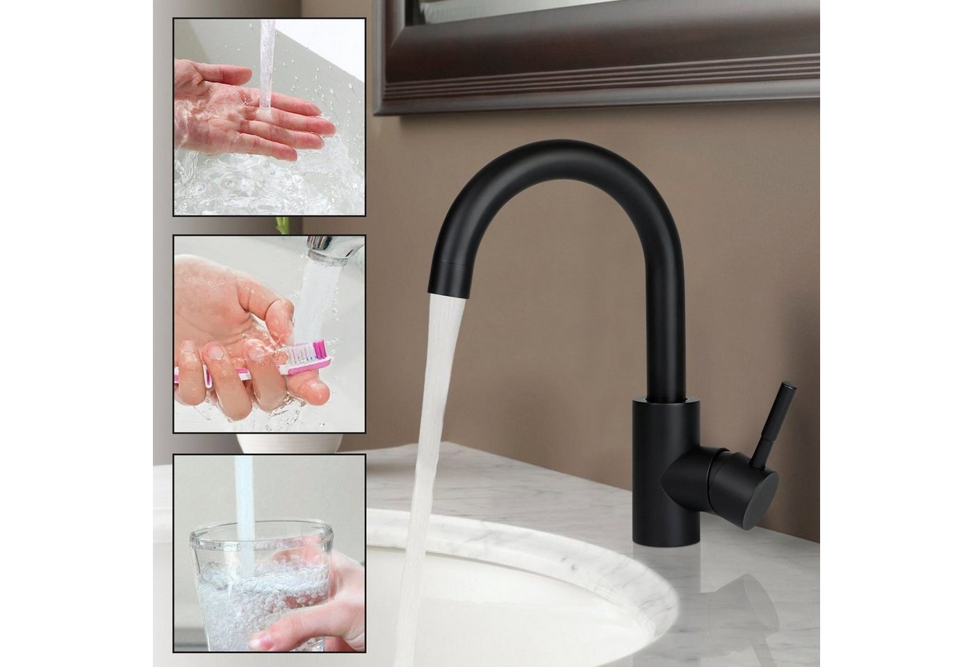 ZMH Waschtischarmatur Hochdruck Edelstahl 360° drehbar mit Warm-/Kaltwasser fürs Badezimmer (Mischbatterie Badarmatur) Einhebelmishcer, Edelstahl, G3/8-Anschluss, Einhebelmischer Bild 4