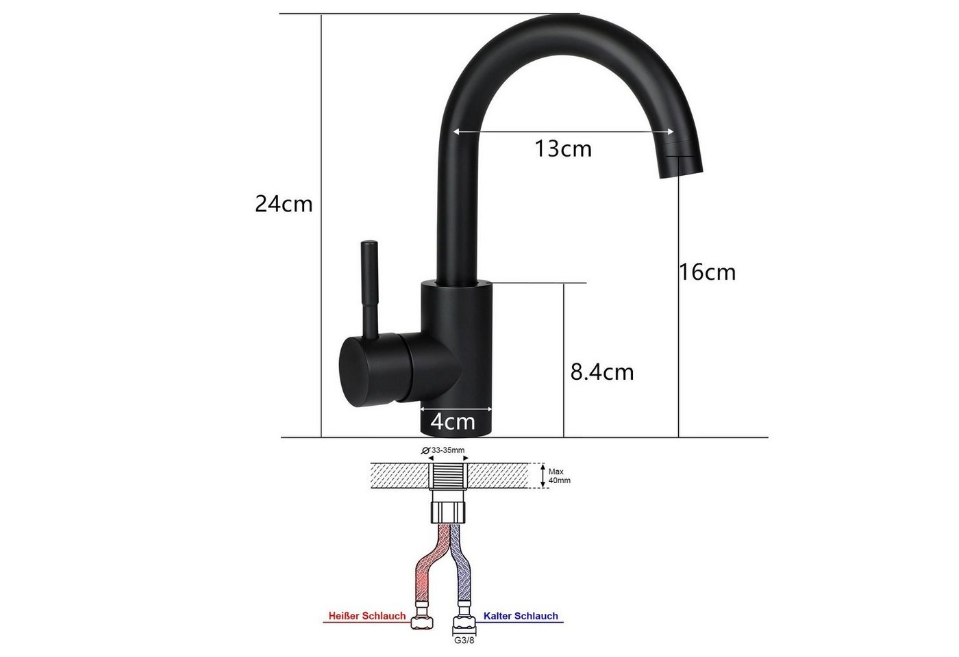 ZMH Waschtischarmatur Hochdruck Edelstahl 360° drehbar mit Warm-/Kaltwasser fürs Badezimmer (Mischbatterie Badarmatur) Einhebelmishcer, Edelstahl, G3/8-Anschluss, Einhebelmischer Bild 5