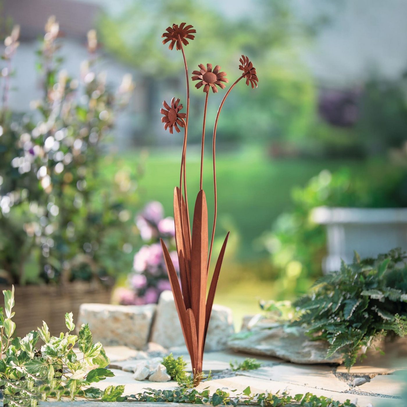 Dekoleidenschaft Gartenstecker "Rostblumen" Metall, Rost Finish, 100 cm hoch, Dekostecker Roststecker wetterfest, Outdoor Gartendeko für Draußen
