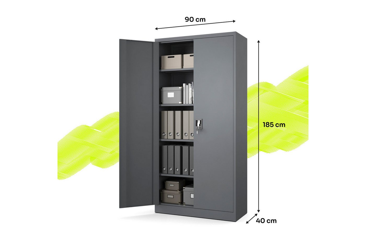 Muralo Aktenschrank Metallschrank für Dokumente, Doppeltür mit Schloss, ideal für Büro (1-St., 50 kg Traglast, 185×90×40 cm) Zwei Schlüssel, Doppeltür, passt 50 Ordner, 4 verstellbare Regale Bild 3