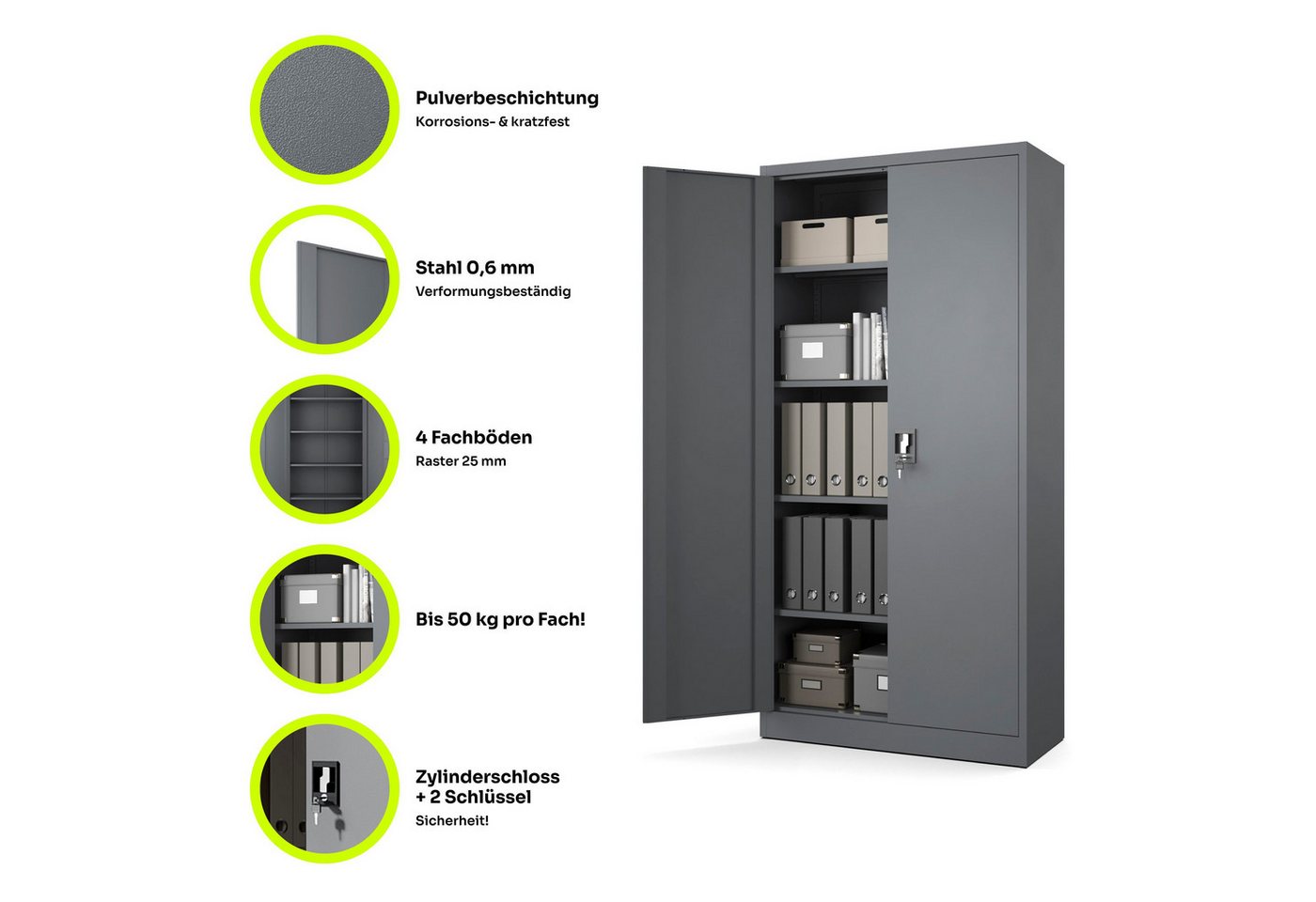 Muralo Aktenschrank Metallschrank für Dokumente, Doppeltür mit Schloss, ideal für Büro (1-St., 50 kg Traglast, 185×90×40 cm) Zwei Schlüssel, Doppeltür, passt 50 Ordner, 4 verstellbare Regale Bild 4