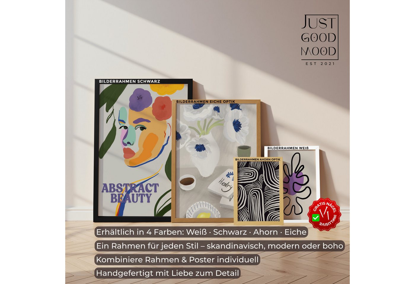 JUSTGOODMOOD Bilderrahmen Bilderrahmen aus stabilem MDFHolz mit Acrylglas Weiß Schwarz Ahorn Eic, (1 St)