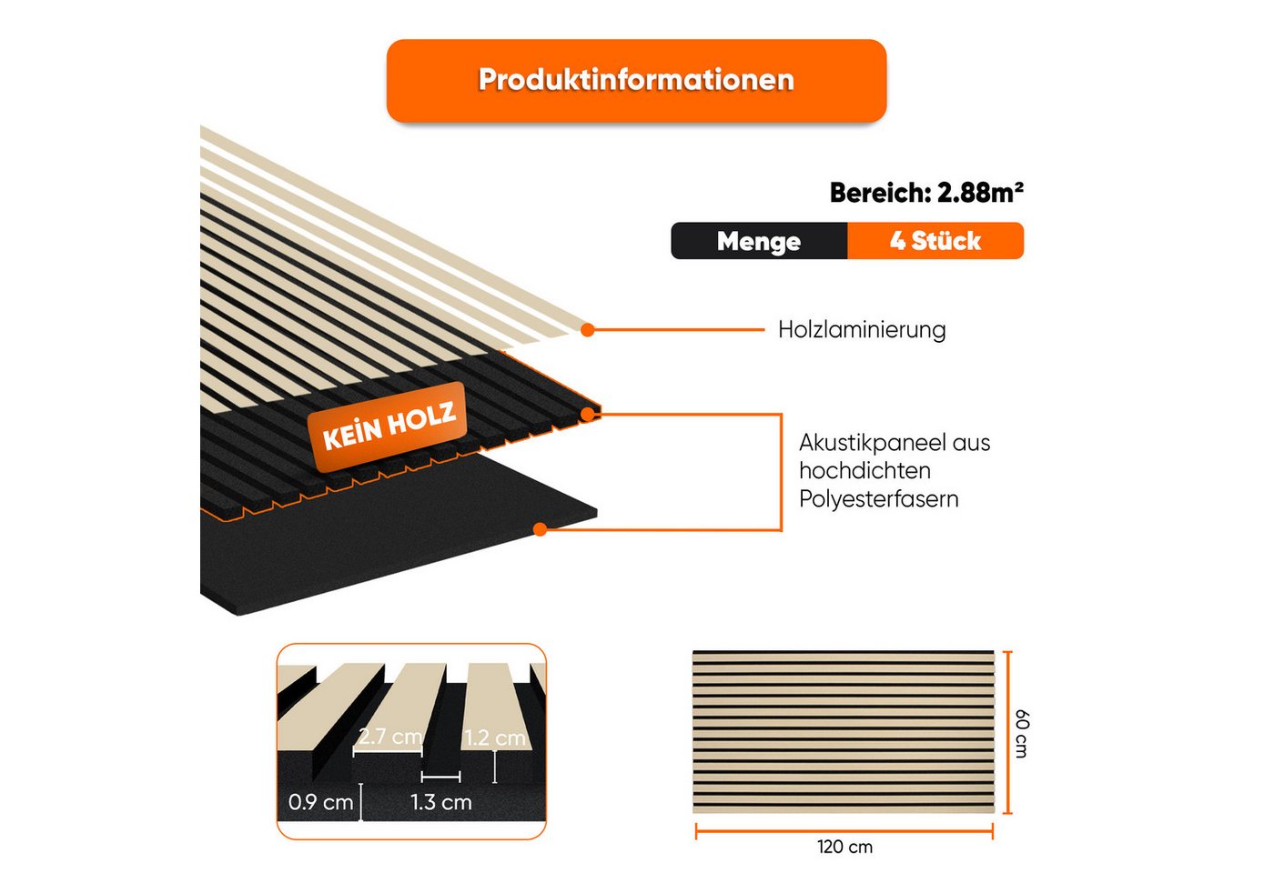 IZODEKOR 3D Wandpaneel Akustikpaneel Selbstklebend Holzoptik 60x120cm, BxL: 120x60 cm, 0,72 qm, (4 Wandpaneele, je 0,72 m², insgesamt 2,88 m) Bild 4