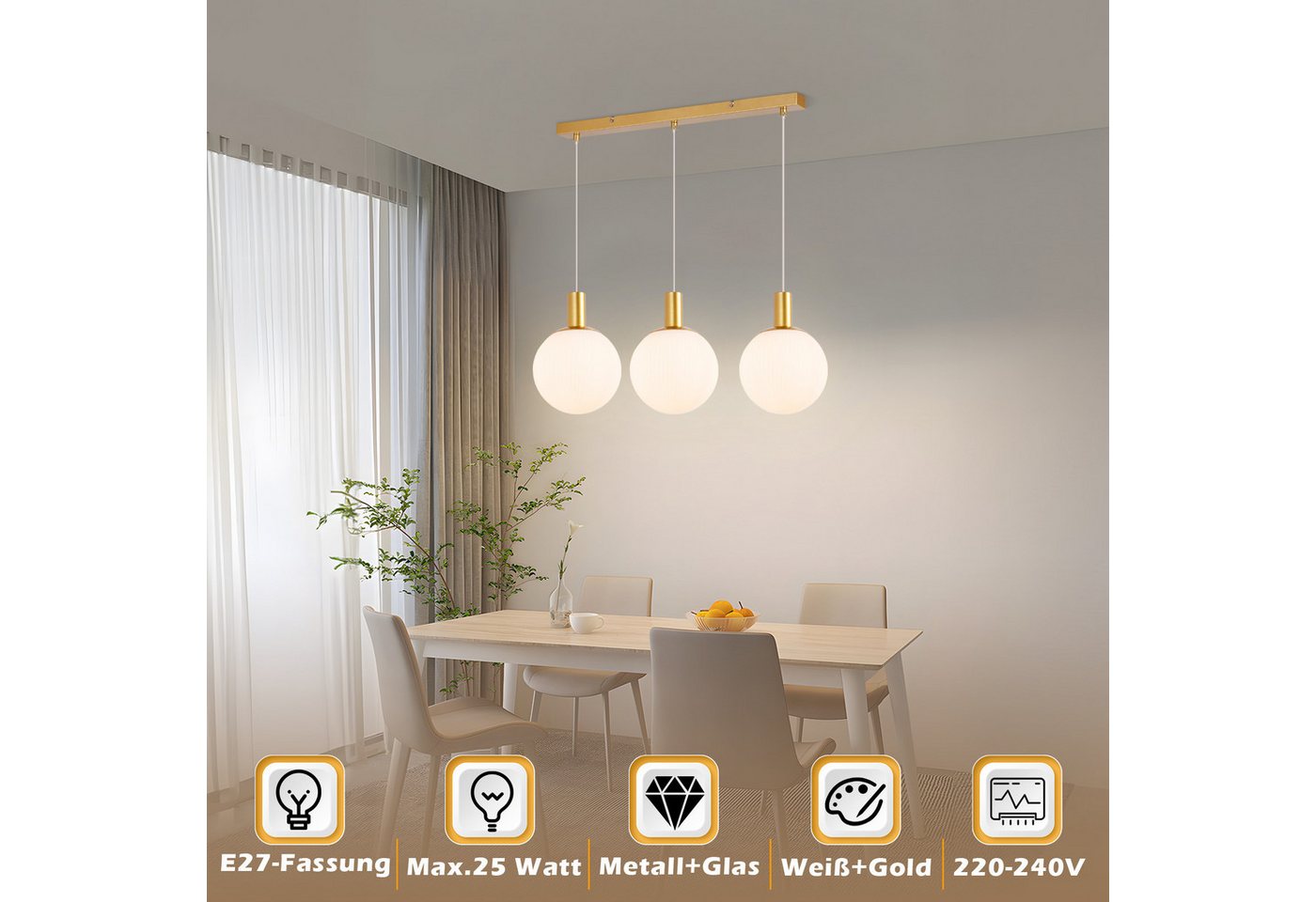 ZMH Pendelleuchte Esstisch 3/4 flammig, Hängeleuchte E27, höhenverstellbare Hängelampe, Höhenverstellbar, ohne Leuchtmittel, 182CM Retro Hängeleuchte für Wohnzimmer Bild 3
