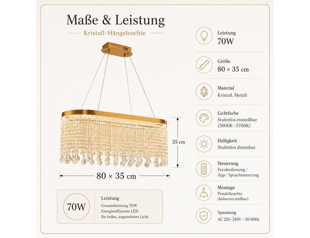 Fyrove Deckenleuchte Kristall Pendelleuchte, dimmbare Hängelampe 80cm, App & Fernbedienung, LED fest integriert, 70W, 3000K-5700K Bild 2