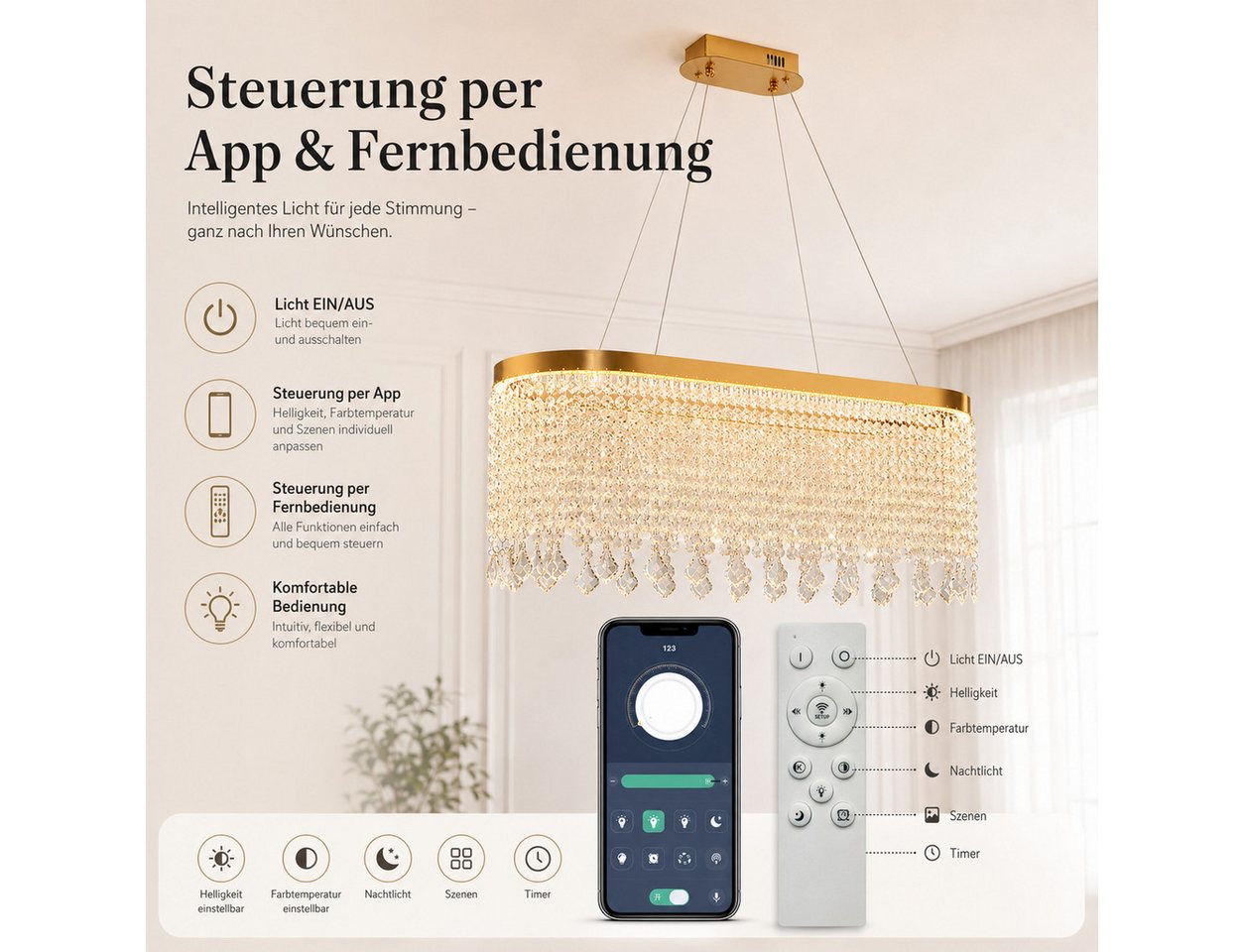 Fyrove Deckenleuchte Kristall Pendelleuchte, dimmbare Hängelampe 80cm, App & Fernbedienung, LED fest integriert, 70W, 3000K-5700K Bild 4