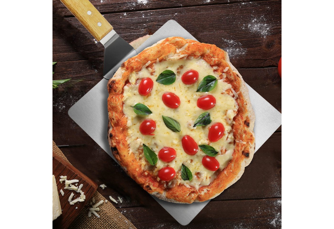 com-four Pizzaschieber Pizzaschaufel aus rostfreiem Edelstahl, Pizza- und Kuchenheber mit Holzgriff Bild 2