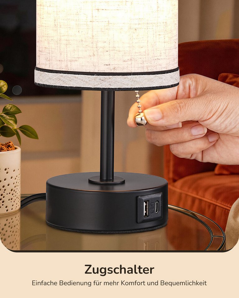 EDISHINE LED Nachttischlampe 2er-Set Tischleuchten mit USB, Dekolampen, LED wechselbar, warmweiß, kleine Tischlampe mit Ladefunktion, Metall-Zugschalter Bild 2