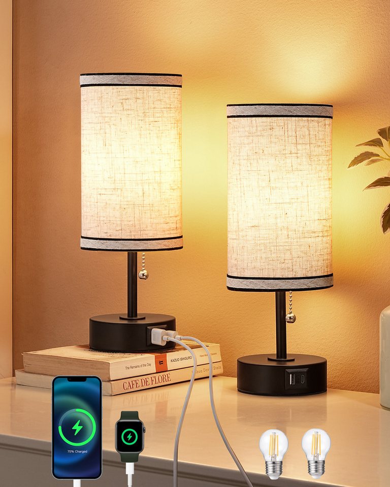 EDISHINE LED Nachttischlampe 2er-Set Tischleuchten mit USB, Dekolampen, LED wechselbar, warmweiß, kleine Tischlampe mit Ladefunktion, Metall-Zugschalter Bild 5