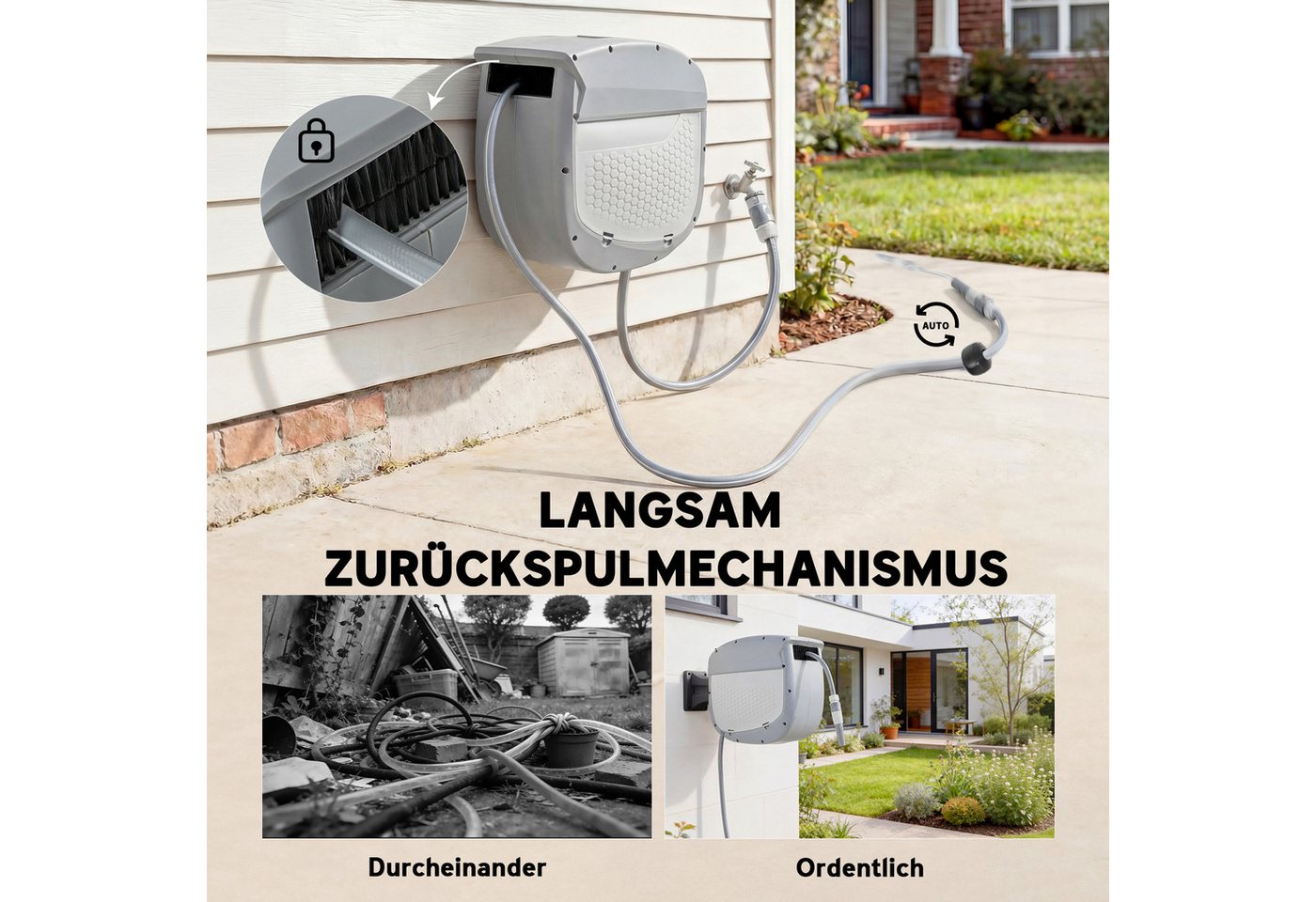 Outsunny Schlauchtrommel Gartenschlauch 20 m, 180° schwenkbar Wasserschlauchaufroller, (Schlauchaufroller, 1-tlg., Schlauchbox), Grau Bild 3