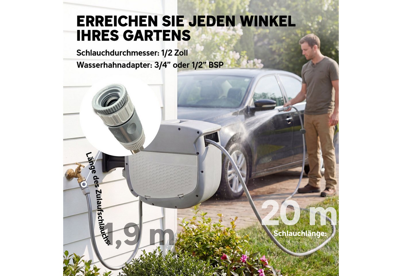 Outsunny Schlauchtrommel Gartenschlauch 20 m, 180° schwenkbar Wasserschlauchaufroller, (Schlauchaufroller, 1-tlg., Schlauchbox), Grau Bild 4